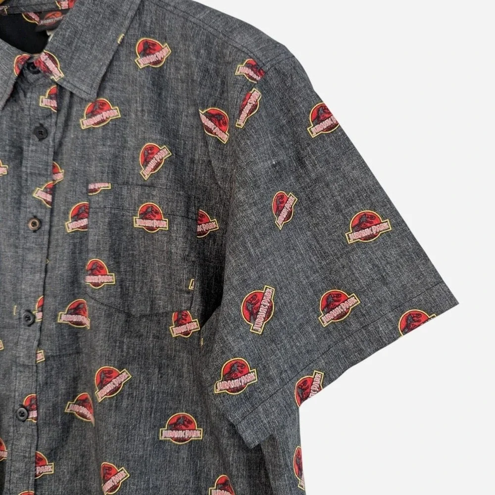 Jurassic Park All Over Logo Print Cotton Camp Shirt Gray XXL